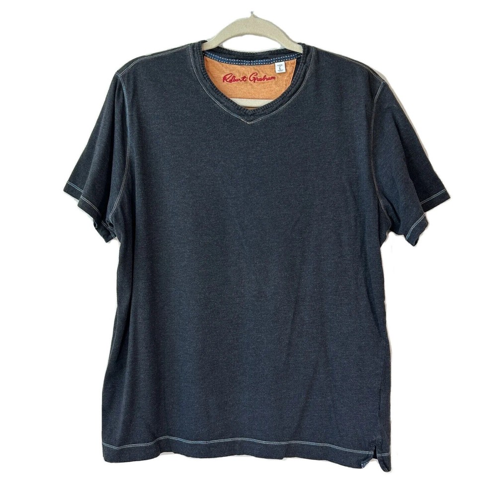Robert Graham Shirt Mens Large Classic Fit V-Neck Casual Gray Embroidered Logo